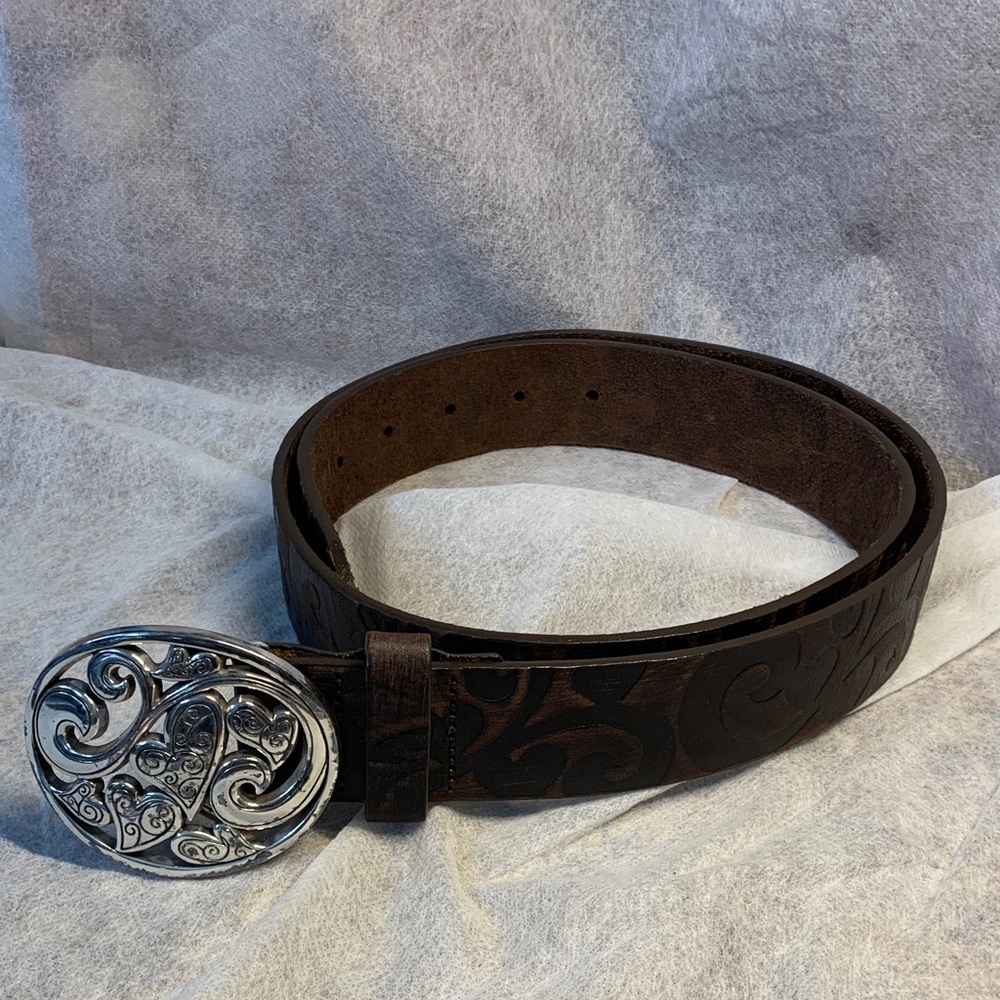 Brighton Brown Love Carnival Tooled  Leather Belt with Silver Buckle